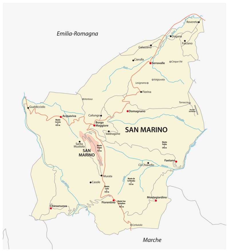 Kort over San Marino Geografisk kort over republikken San Marino med dens ni castelli eller kommuner