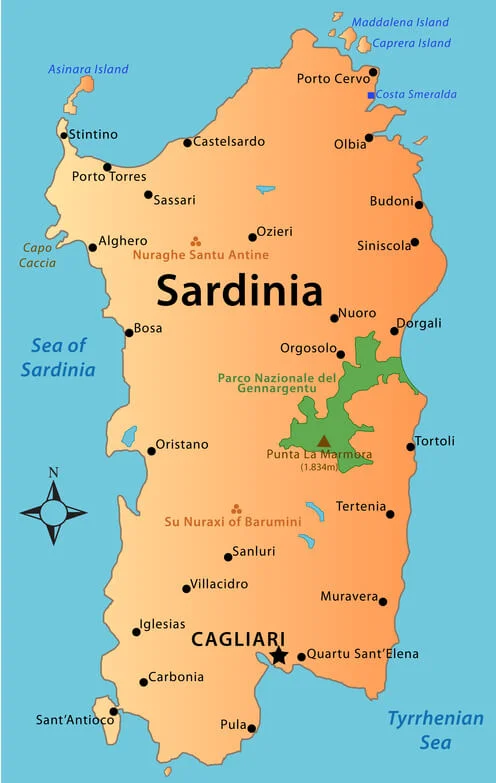 Kort over Sardinien Kort over Sardinien