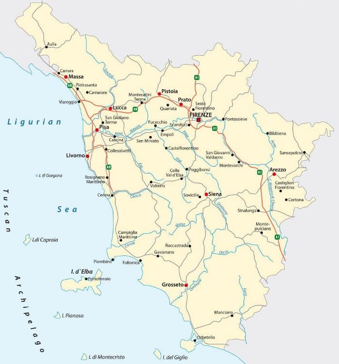 Kort over Toscana Geografisk kort over Toscana med markeringer af større byer som Firenze, Pisa og Siena