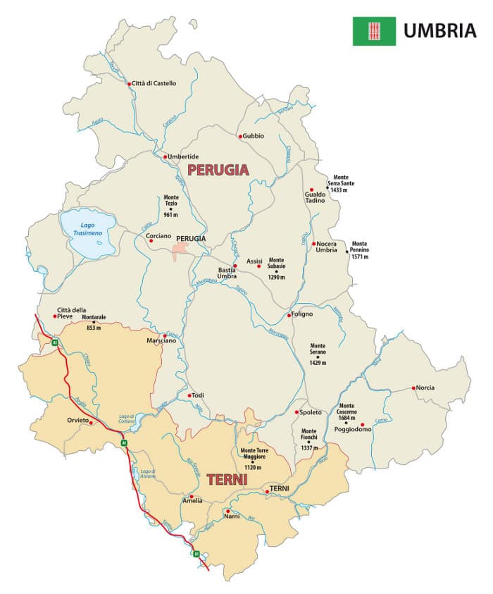 Kort over Umbrien Geografisk kort over regionen Umbrien med markeringer af Perugia, Assisi og Trasimenersøen